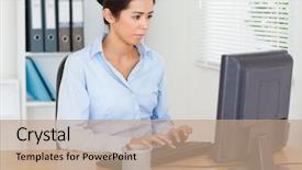  Presentation with sitting posture and computer ergonomics - PPT layouts featuring woman working on a computer background and a coral colored foreground