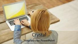  Presentation with woman office desk - Cool new PPT theme with woman working on a laptop backdrop and a coral colored foreground