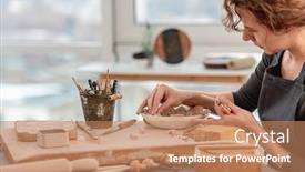  Presentation with design - Cool new theme with woman-working-on-design backdrop and a coral colored foreground