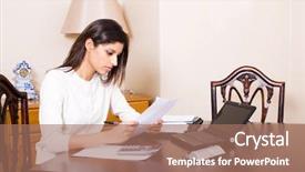  Presentation with woman colored parachute - Presentation theme enhanced with woman working on her bills background and a coral colored foreground