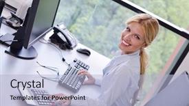  Presentation with woman office desk - Beautiful presentation theme featuring woman working on her desk backdrop and a  colored foreground