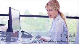  Presentation with woman office desk - Colorful PPT theme enhanced with woman working on her desk backdrop and a  colored foreground