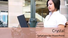  Presentation with working woman - Colorful slides enhanced with woman working on laptop computer backdrop and a coral colored foreground