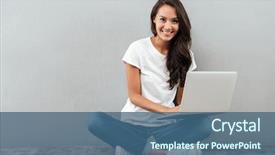  Presentation with working woman - PPT theme enhanced with woman working on laptop computer background and a ocean colored foreground