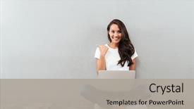  Presentation with asian - Colorful slide deck enhanced with woman working on laptop computer backdrop and a light gray colored foreground