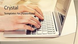  Presentation with woman office desk - PPT layouts having woman working on laptop hands typing on keyboard over wooden office desk background with space for your text sunny toned background and a lemonade colored foreground