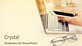  Presentation with woman office desk - Amazing PPT theme having woman working on laptop hands typing on keyboard and holding smartphone over office desk view with copy space sunny toned backdrop and a cream colored foreground