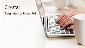  Presentation with woman office desk - PPT theme featuring woman working on laptop hands typing on keyboard on office desk view with copy space background and a sky blue colored foreground