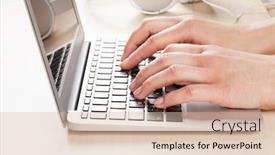  Presentation with woman office desk - Amazing presentation theme having woman working on laptop hands typing on keyboard over wooden office desk background backdrop and a soft green colored foreground