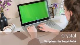  Presentation with 2020 - Theme enhanced with woman-working-on-laptop background and a coral colored foreground