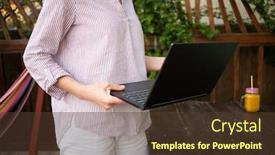  Presentation with home office - PPT theme with woman-working-on-laptop background and a tawny brown colored foreground