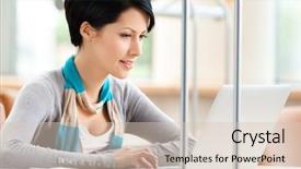  Presentation with desk - PPT theme enhanced with woman working on the computer sitting at the desk at the reading hall background and a lemonade colored foreground