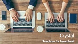  Presentation with working woman - Amazing PPT layouts having woman working on their computer backdrop and a coral colored foreground