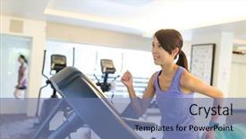  Presentation with treadmill - Presentation theme featuring woman working out in a treadmill at the gym background and a seafoam green colored foreground