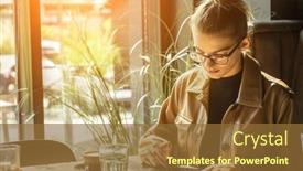  Presentation with social life - PPT theme consisting of woman-working-talking-on-video background and a tawny brown colored foreground