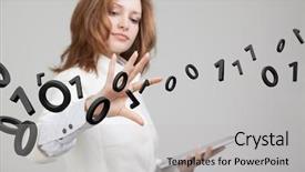 Presentation with code - Presentation design consisting of woman working with binary code background and a light gray colored foreground