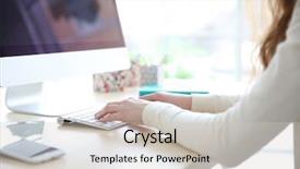  Presentation with home office - PPT theme featuring woman working with computer background and a light gray colored foreground