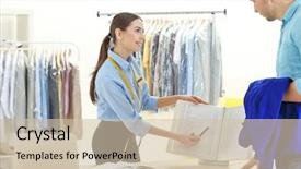  Presentation with dry cleaning - Audience pleasing slide deck consisting of woman working with customer backdrop and a soft green colored foreground