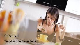  Presentation with breakfast - PPT layouts enhanced with woman working with her laptop background and a  colored foreground