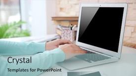  Presentation with green office - Theme featuring woman working with laptop background and a  colored foreground