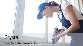  Presentation with pvc - Slide set with woman working with power drill background and a light blue colored foreground