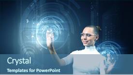  Presentation with science futuristic technology abstract - Presentation design having woman working with virtual technology background and a  colored foreground