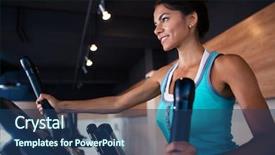  Presentation with happy smiling woman dental health - PPT theme enhanced with woman workout on exercises machine background and a  colored foreground