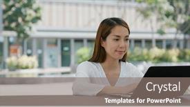  Presentation with computer - Slide set consisting of woman-works-on-laptop-computer background and a gray colored foreground