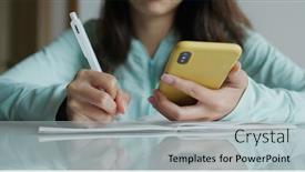  Presentation with notebook - PPT theme having woman-write-on-notebook background and a light gray colored foreground