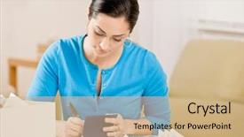  Presentation with pay - Slides enhanced with woman writing check from checkbook background and a coral colored foreground