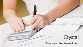 Presentation with checks - Amazing theme having woman writing checks from checkbook backdrop and a white colored foreground