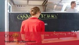 Presentation with food truck - Colorful presentation design enhanced with woman writing dishes of the day with chalk on blackboard in front of food truck backdrop and a red colored foreground