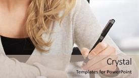  Presentation with notebook - Slide deck enhanced with woman writing in her notebook background and a soft green colored foreground