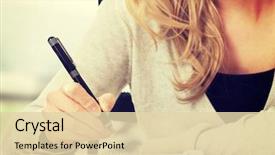  Presentation with notebook - PPT theme featuring woman writing in her notebook background and a lemonade colored foreground