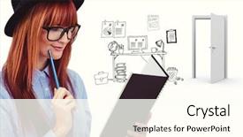  Presentation with writing notes - Colorful presentation design enhanced with woman writing notes against doodle backdrop and a  colored foreground