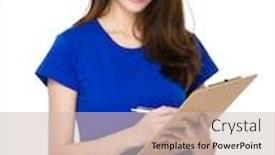  Presentation with writing - Audience pleasing presentation design consisting of woman-writing-on-clipboard backdrop and a soft green colored foreground