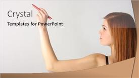  Presentation with writing pen - PPT theme enhanced with woman-writing-with-red-felt background and a light gray colored foreground