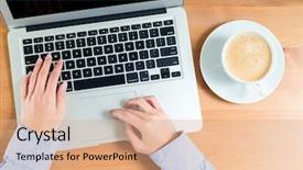  Presentation with notebook - Presentation theme having woman-wrking-on-notebook-computer and a coral colored foreground