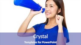  Presentation with speaker - Presentation design featuring woman yell with loud speaker background and a royal blue colored foreground