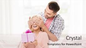  Presentation with happy birthday - Theme with womans eyes and giving gift background and a lemonade colored foreground