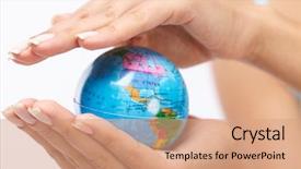  Presentation with people hold hand around globe - Theme having woman's hand with globe background and a coral colored foreground