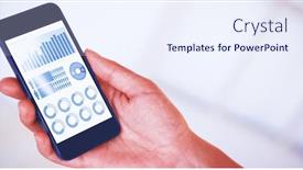  Presentation with graphics - Slide deck enhanced with womans hand holding black smartphone against blue graphics on white background background and a sky blue colored foreground