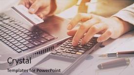  Presentation with credit card - Beautiful presentation theme featuring womans hand holding credit card backdrop and a light gray colored foreground