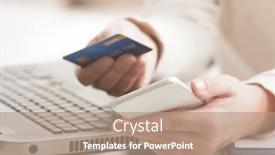  Presentation with payment - Colorful presentation enhanced with womans hand holding credit card and smartphone over notebook concept of e-commers and mobile payment backdrop and a coral colored foreground