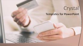  Presentation with payment - Presentation design having womans hand holding credit card and smartphone over notebook concept of e-commers and mobile payment background and a soft green colored foreground