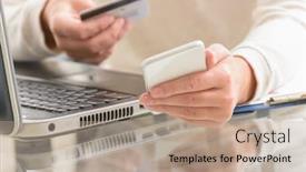  Presentation with credit card - Presentation featuring womans hand holding credit card and smartphone over notebook concept of e-commers and mobile payment background and a coral colored foreground