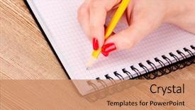  Presentation with hand holding pencil - Slide deck with woman's hand with pencil background and a coral colored foreground