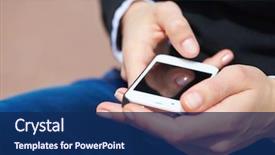  Presentation with phone - PPT theme enhanced with woman's hands with mobile phone background and a navy blue colored foreground