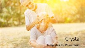  Presentation with woman covering man mouth hand - Presentation design featuring wise women - old man covers smiling woman's background and a lemonade colored foreground