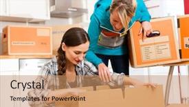  Presentation with women - Slide deck enhanced with relocation company - young women - presumably friends background and a coral colored foreground